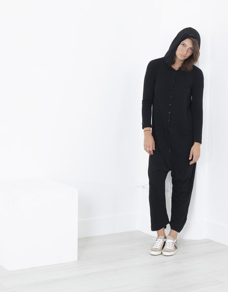 Knit Hooded Jumpsuit in Black