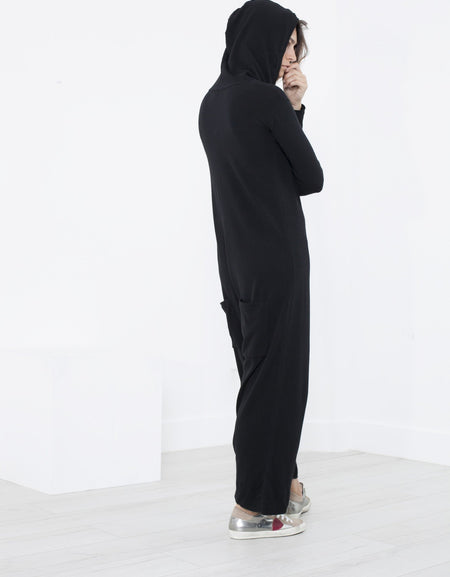 Knit Hooded Jumpsuit in Black