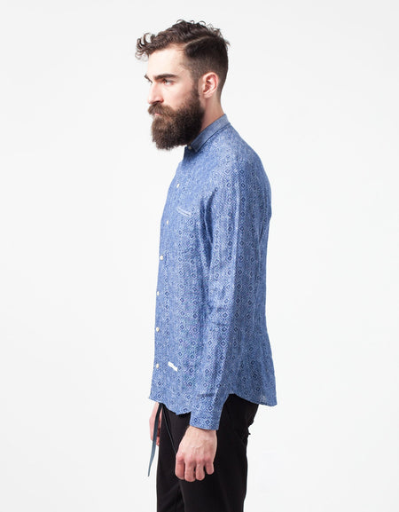 Linen Button Up in Blue Diamond