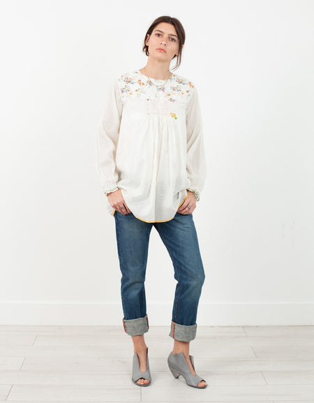 Floral Front Peasant Blouse in White