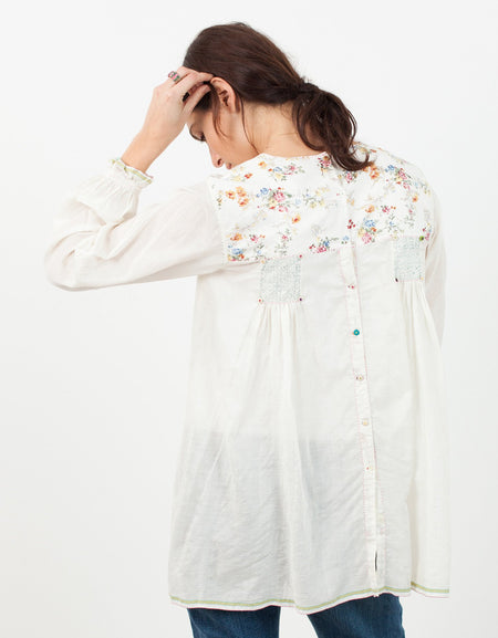 Floral Front Peasant Blouse in White