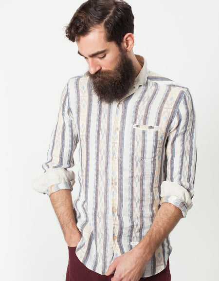 Linen Western Shirt in Beige/Blue
