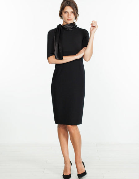 Tie Neck Wool Dress in Black