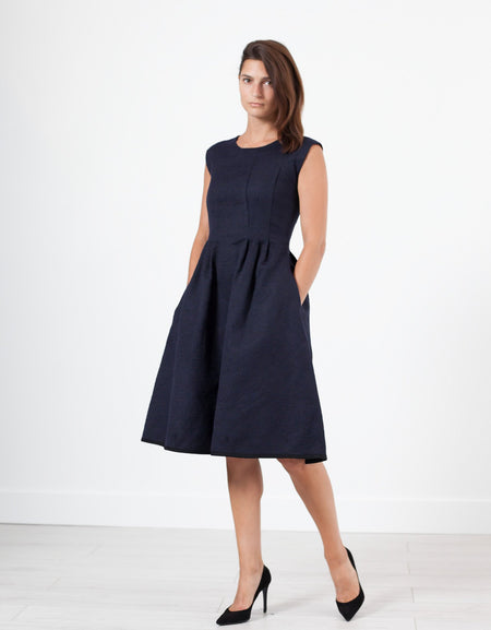 Pleated Rita Dress in Dark Navy